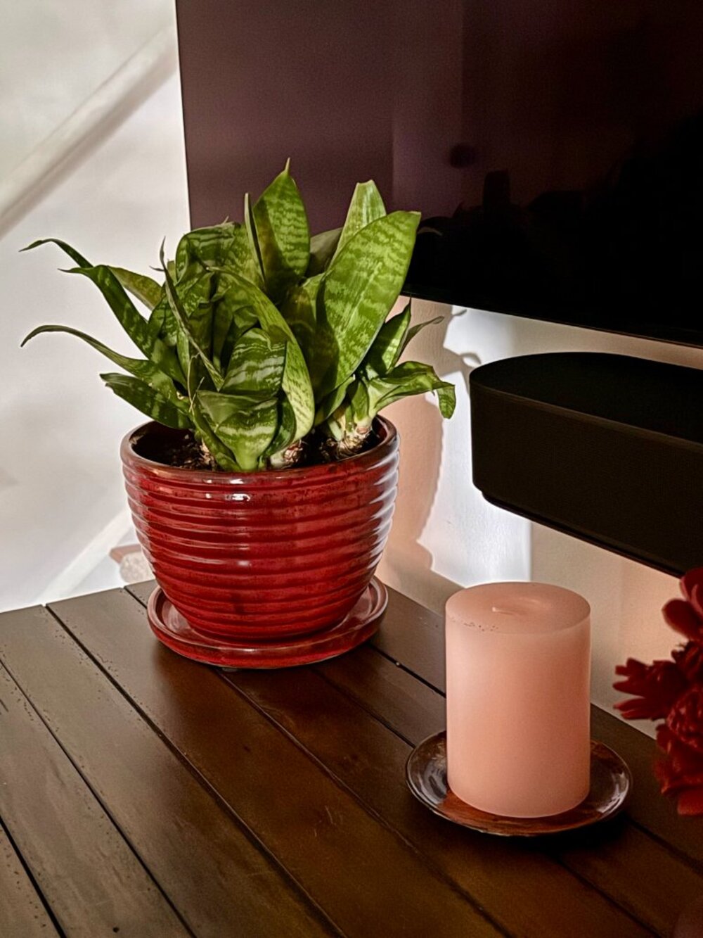 Red Ribbed Ceramic Plant Pot Attached Saucer Tray Modern Farmhouse Planter 8"x6" - Picture 2 of 4